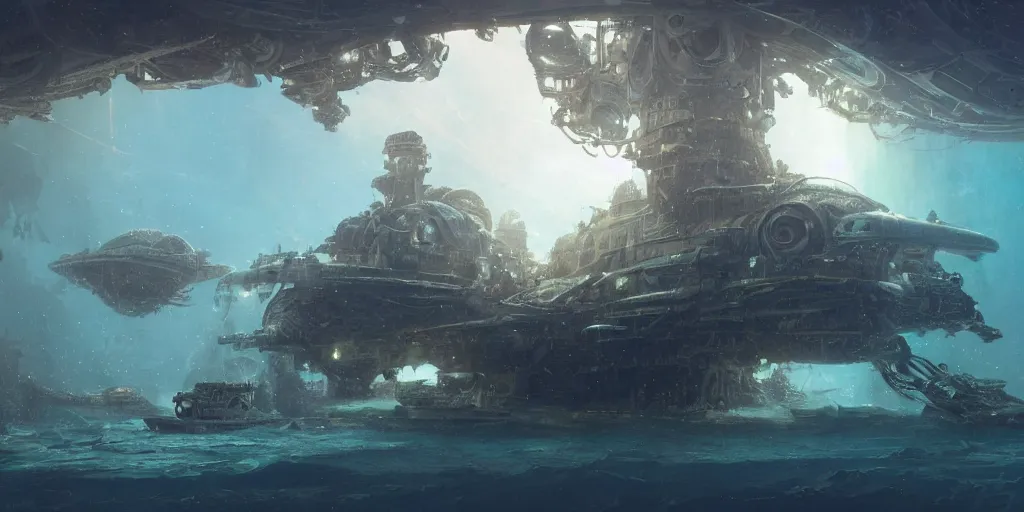 Image similar to a dieselpunk spaceship lies at the bottom of the sea in a coral reef, underwater, matte painting, dramatic lighting, submecanophobia, fantasy, intricate, elegant, digital painting, concept art, sharp focus, illustration by greg rutkowski, darek zabrocki and john berkey, 4 k.