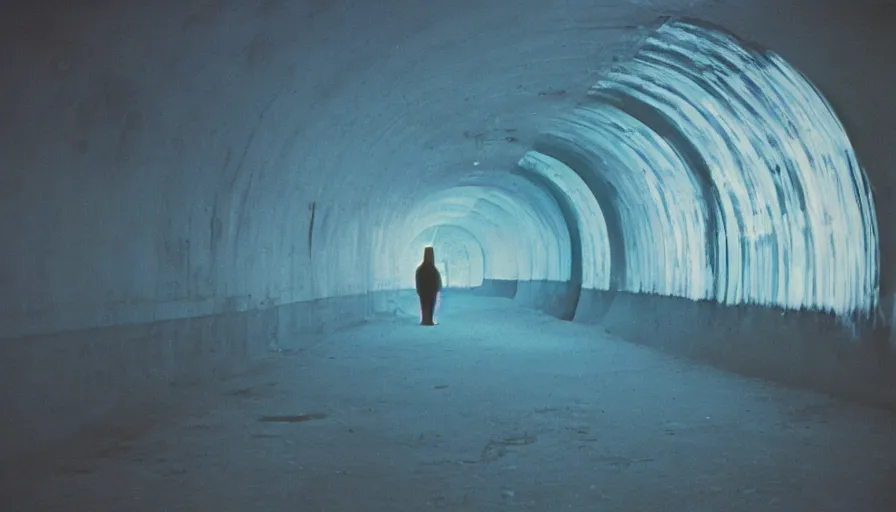 Prompt: 60s movie still of a sovietic stalinist style empty light blue tunnel, cinestill 800t 50mm eastmancolor, liminal Space style, heavy grain-s 150