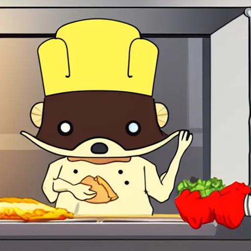 Image similar to cute platypus on a kitchen wearing a chef hat and holding a lasagna into an oven, anime style