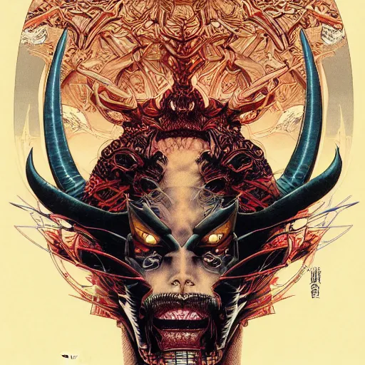 Image similar to portrait of devil's advocate, symmetrical, by yoichi hatakenaka, masamune shirow, josan gonzales and dan mumford, ayami kojima, takato yamamoto, barclay shaw, karol bak, yukito kishiro