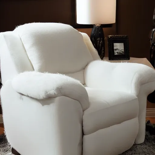 Image similar to a recliner covered in long white fur