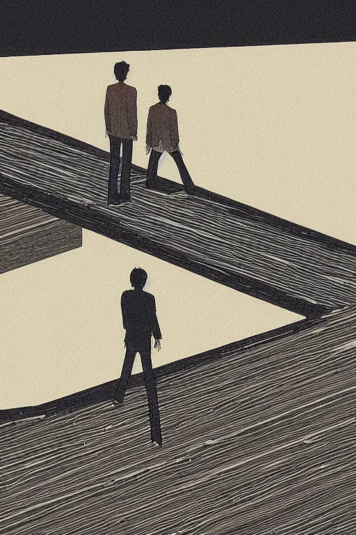 Image similar to tatsuki fujimoto illustration, two men standing at the edge of reality, dynamic perspective, intricate scenery, y 2 k, unknown