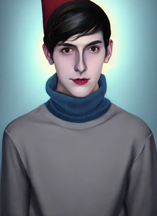 Image similar to portrait of teenage jughead jones wearing a light grey crown, crown, blue turtleneck, 1 9 5 0 s, closed eyes, photorealistic, black hair, glowing lighting, intricate, elegant, glowing lights, highly detailed, digital painting, artstation, concept art, smooth, sharp focus, illustration, art by wlop, mars ravelo and greg rutkowski