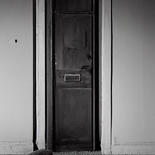 Prompt: An ominous photograph of the slightly opened door standing ajar, darkness behind it, dim lighting, nightmare, taken with Sony a7R camera