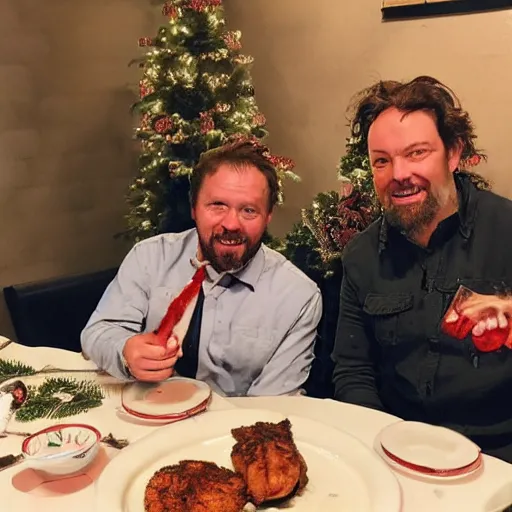 Prompt: Dutch van der Linde and Colm O'Driscoll sharing a Christmas dinner together