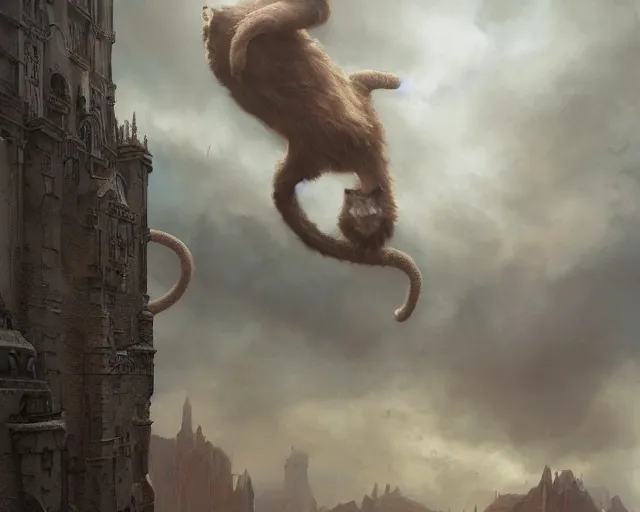 Image similar to giant cat monster, medium shot, disney concept artists, blunt borders, rule of thirds, by jaime jones, tom bagshaw, lawrence alma - tadema, greg rutkowski, helmut newton, fantasy art, intricate, elegant, highly detailed, 8 k, digital painting, concept art, sharp focus, mythological, ultra realistic, cinematic lighting, maximalist, hyperrealist