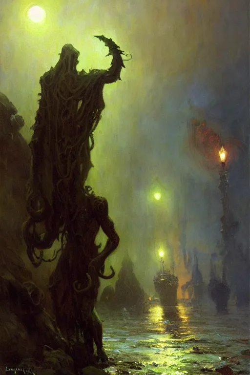 Image similar to the call of cthulhu painting by gaston bussiere, craig mullins