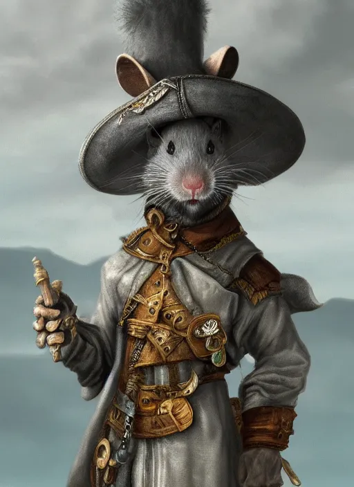 Prompt: gray rat standing on two legs with a gray beard, serious, mean eyes, wearing jewelry, tricorne hat, green robe, d & d, digital art, realistic, detailed face, highly detailed, trending on artstation, 4 k, sea in the background
