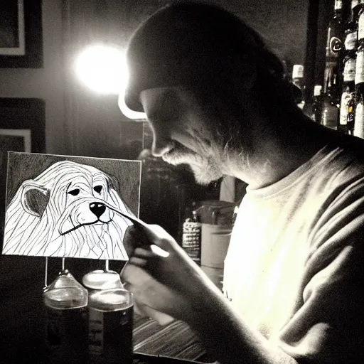 Image similar to photo portrait of drunk hobo artist drawing furries for booze, symmetry, awesome exposition, very detailed, highly accurate, intricate, professional lighting diffracted lightrays, 8 k, sense of awe