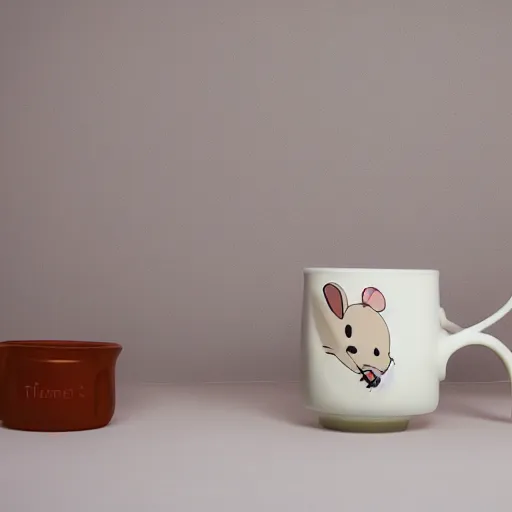 Image similar to a studio photoshoot of a collectible mug with fat mouse shape, special ceramic materials, Off-White, realistic, color film photography by Tlyer Mitchell, 35 mm, graflex