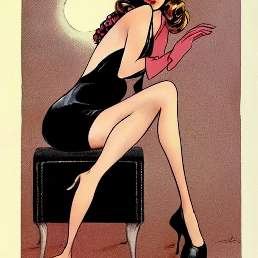 Prompt: a pin up sitting on a stylized half moon, by milo manara