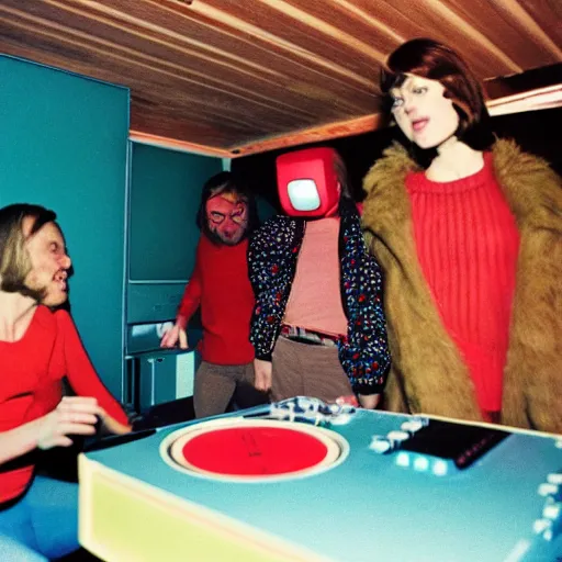 Image similar to first-person perspective view of three people wearing discowear having a party inside of a 1970s luxury cabin with a soviet computer console on the wall, ektachrome photograph, f8 aperture