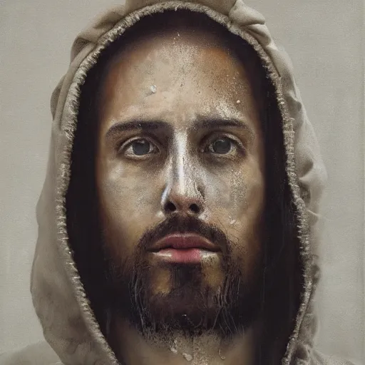 Image similar to a full body portrait of modern day jesus wearing cream yeezy menswear collection by nicola samori, hat and hoodie, detailed, oil painting, hyper realistic, 8 k, yeezy collection