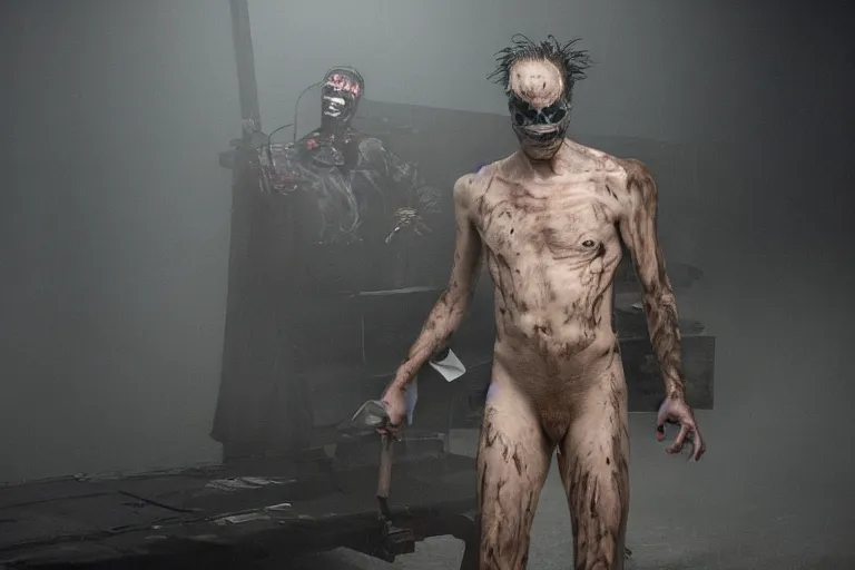 Image similar to a cinematic portrait of mutant insect serial killer dressed in human skin, in a backroom, fog storm, annie leibovitz and zack snyder, 8 k, hd, high resolution, 8 5 mm, f / 1. 8