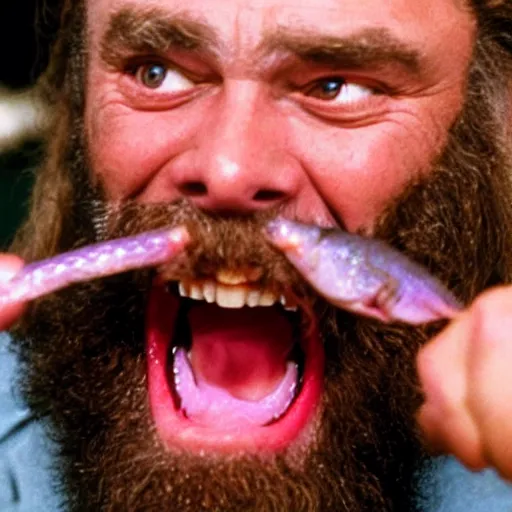 Prompt: film still close up shot of brian blessed swallowing a fish whole