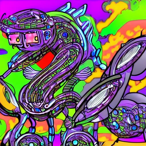 Image similar to a robot dragon listening to music with headphones, wild psychedelic digital art