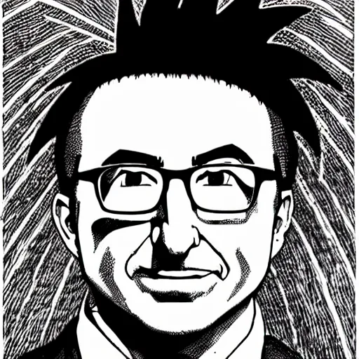 Image similar to John oliver in his super Saiyan god form, illustration in pen and ink, highly detailed, highly complex, award winning, black and white, art by Akira Toriyama