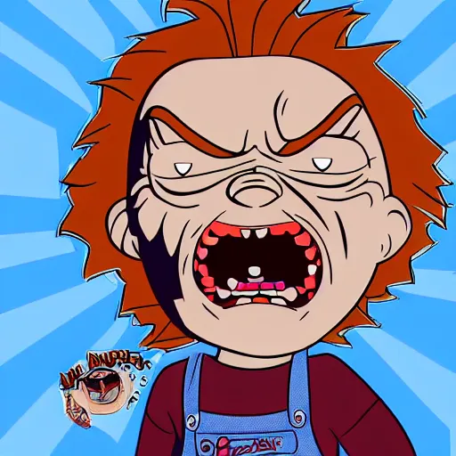 Prompt: cartoon drawing of chucky by - rick and morty , loony toons style, horror themed, detailed, elegant, intricate