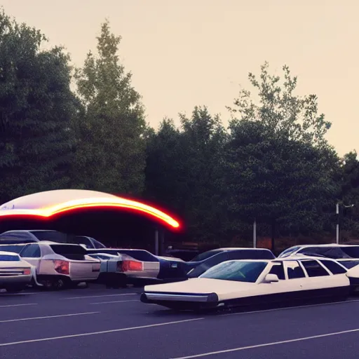 Image similar to a photo of a ufo parked amidst cars at a mall parking lot, misterious, volumetric lighting