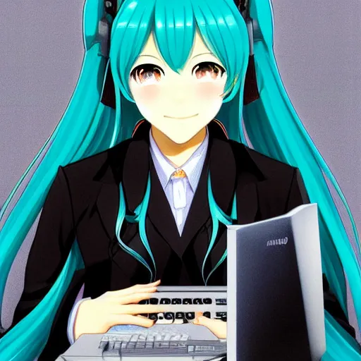 Image similar to hatsune miku using computer, smug face, painting by by ralph grady james, jean christian biville