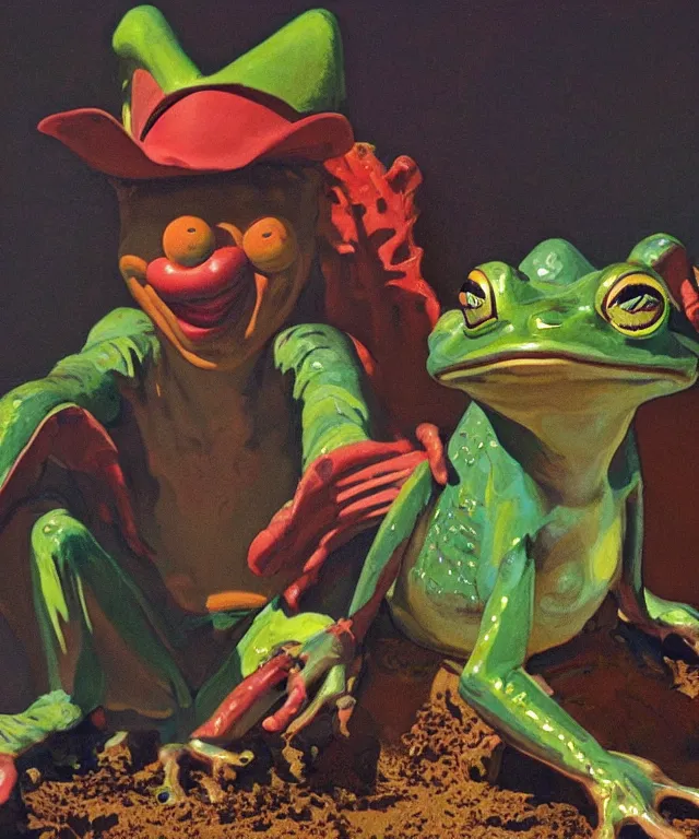 Prompt: frog boy farmer finds the clown crown in the dirt, clown crown, moment of destiny, painting by Syd Mead, cinematography by Robby Müller