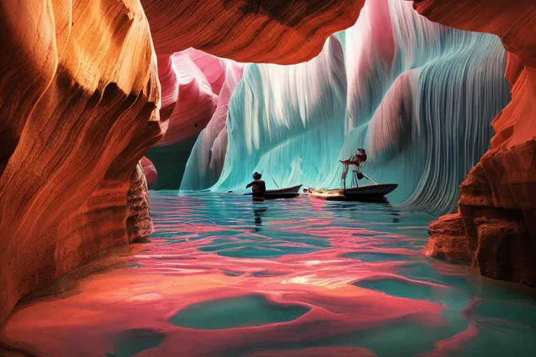 Prompt: floating markets of shinsekai japan along pamukkale waters flowing down gold travertine terraces in royal blue antelope canyon during sakura season on an interstellar aurora borealis, pink waterfalls, lush chic garden, by peter mohrbacher, james jean, james gilleard, greg rutkowski, vincent di fate, rule of thirds, octane render, beautiful landscape