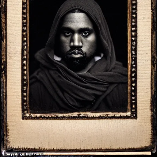 Image similar to a chiaroscuro lighting portrait of kanye west dressed as jesus, black background, portrait by julia margaret cameron, shallow depth of field, 8 0 mm, f 1. 8