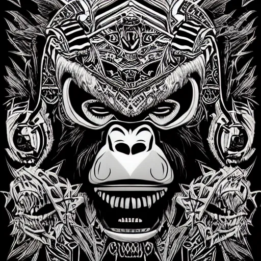 Prompt: barong family member, wiwek, mara demon, one single tribe member, jungle, one single mask, dark, ancient warrior, gorilla, lizard, tribal, black and white, red eyes, art by dan mumford