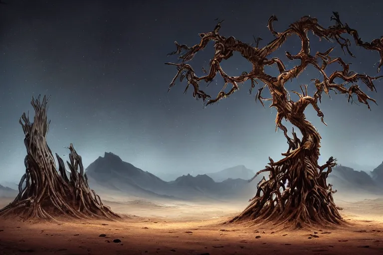 Prompt: cinematic fantasy landscape painting, primordial and cosmic, desert valley of bones, an eclipse, over an autumn maple bonsai growing alone that is yggdrasil, on a desolate sand dune in front of a primordial mountainous desert landscape of bones by and jessica rossier and hr giger, cinematic lighting