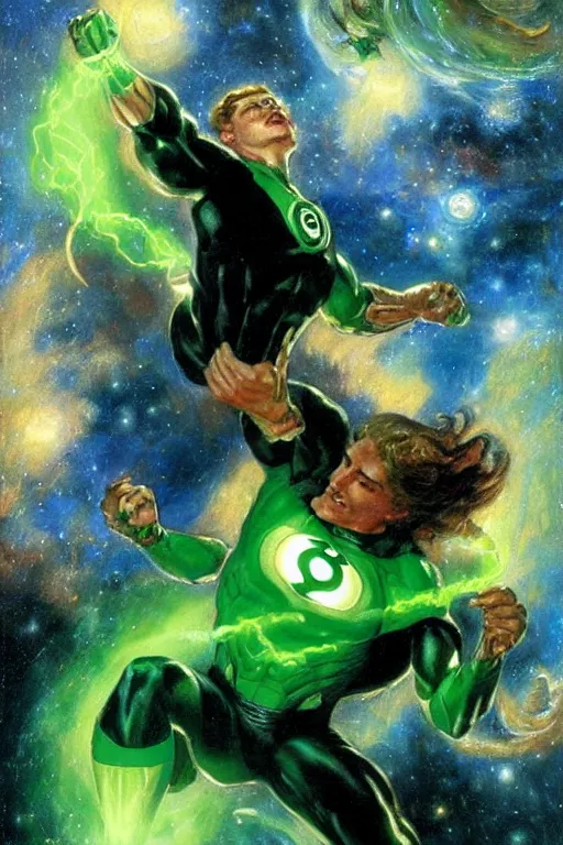 Image similar to green lantern flying through space. art by gaston bussiere.