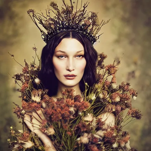 Image similar to fine art photo of bella hadid, she has a crown of dried flowers, by oleg oprisco