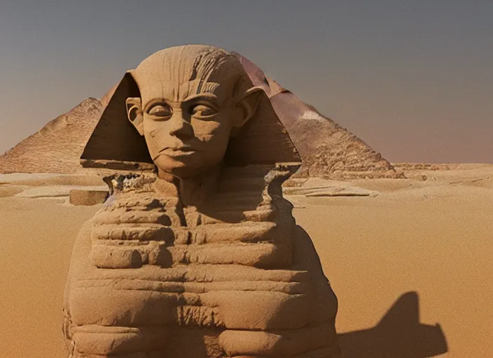 Prompt: high definition 3 d render of yoda's head on a sphinx body, egyptology, ancient aliens, grainy cinestill film landscape photo, blender, monument, 8 k