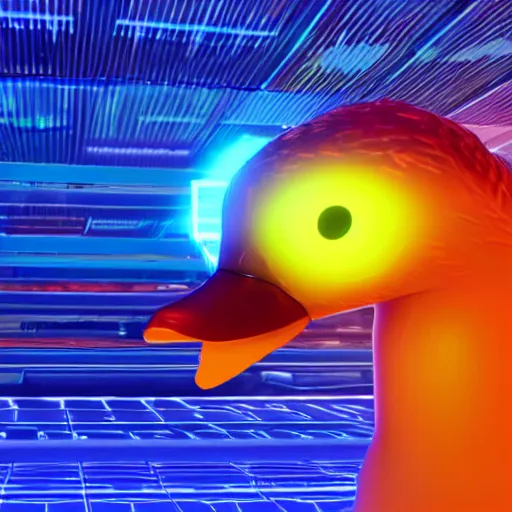 Image similar to a cybertronic duck, metallic, glowing, neon wings, sharp orange beak, unreal engine