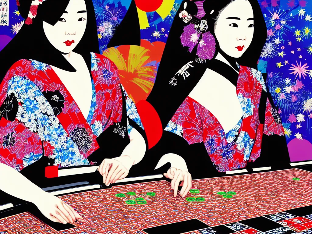 Image similar to hyperrealistic composition of the detailed woman in a japanese kimono sitting at a extremely detailed poker table with detailed darth vader, fireworks, mount fuji on the background, pop - art style, jacky tsai style, andy warhol style, acrylic on canvas