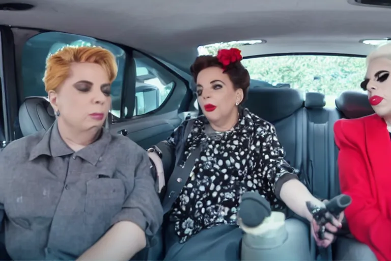 Prompt: lady gaga and judy garland in carpool karaoke, red weapon 8 k s 3 5, cooke anamorphic / i lenses, highly detailed, cinematic lighting