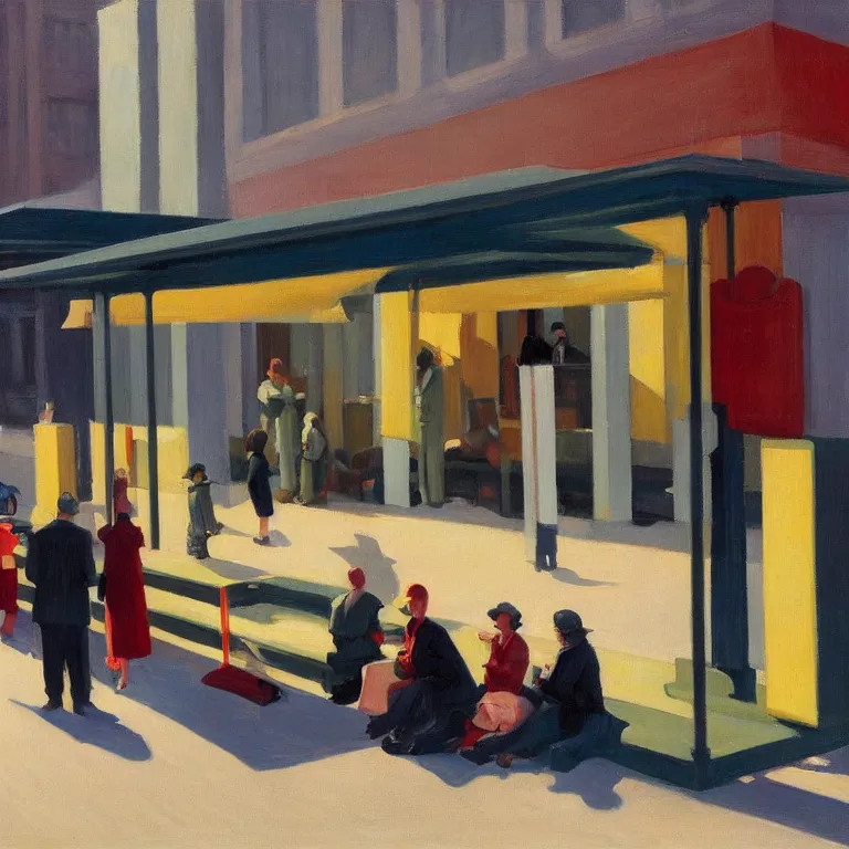 Image similar to a few people waiting at a bus stop in a quiet downtown, painted by Edward Hopper and James Gilleard, oil painting