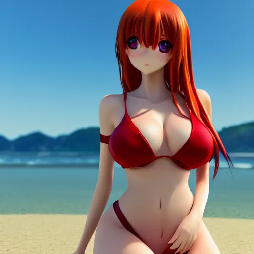 Image similar to Rias Gremory, render of a very beautiful 3d anime girl, long red hair, beautiful eyes, cute freckles, full round face, short smile, cute sundress, golden hour, serene beach setting, medium shot, mid-shot, highly detailed, trending on Artstation, Unreal Engine 4k