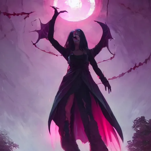 Prompt: immortal novice vampire princess summons demons from hell cute colorful pink 4 k high definition artstation trending path traced contrast light and dark colorful bokeh massive scale cinematic breathtaking happy, art by greg rutkowski