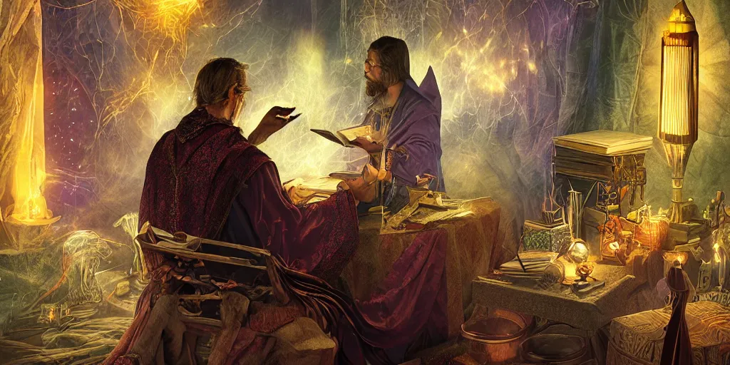 Image similar to wizard performing a tarot reading, cards, fantasy, digital art, soft lighting, 8 k, highly detailed