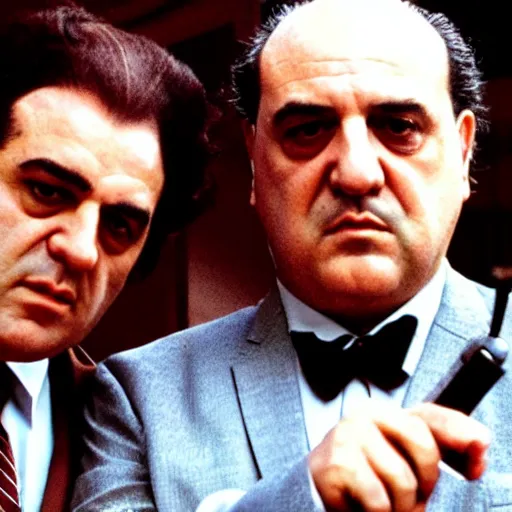 Prompt: a selfie photo of tony soprano and vito corleone, 8 k