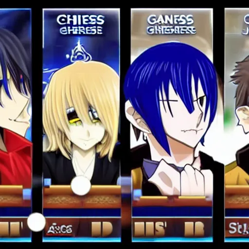 Image similar to anime split screen of chess grandmasters