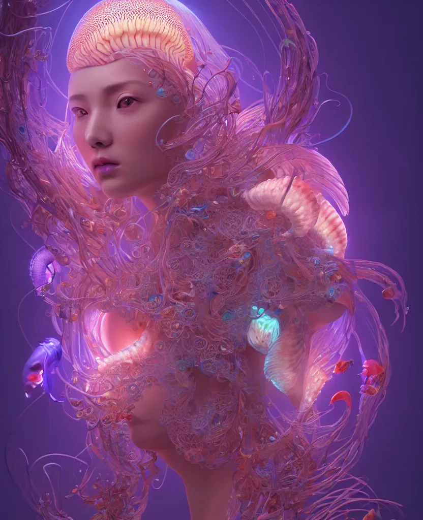 Image similar to goddess close-up portrait. chimera orchid jellyfish phoenix head, nautilus, skull, betta fish, bioluminiscent creatures, intricate artwork by Tooth Wu and wlop and beeple. octane render, trending on artstation, greg rutkowski very coherent symmetrical artwork. cinematic, hyper realism, high detail, octane render, 8k