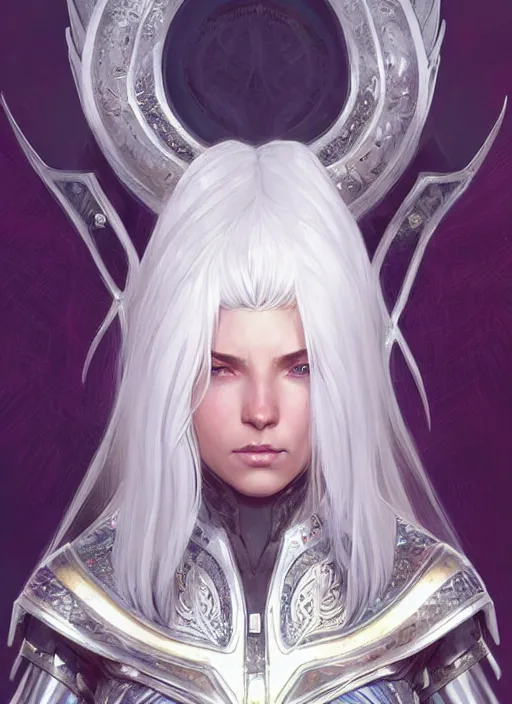 Image similar to light iridescent armor!!! long wild white hair!! covered chest!!! fantasy, d & d, intricate ornate details, digital painting, pretty face!!, symmetry, concept art, sharp focus, illustration, art by artgerm! greg rutkowski magali villeneuve wlop! ilya kuvshinov!!, octane render