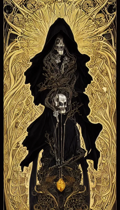 Image similar to a skeleton in a black cloak, highly detailed, very intricate, art nouveau, gold filigree, left right symmetry, tarot concept art watercolor illustration by mandy jurgens and alphonse mucha and alena aenami, featured on artstation