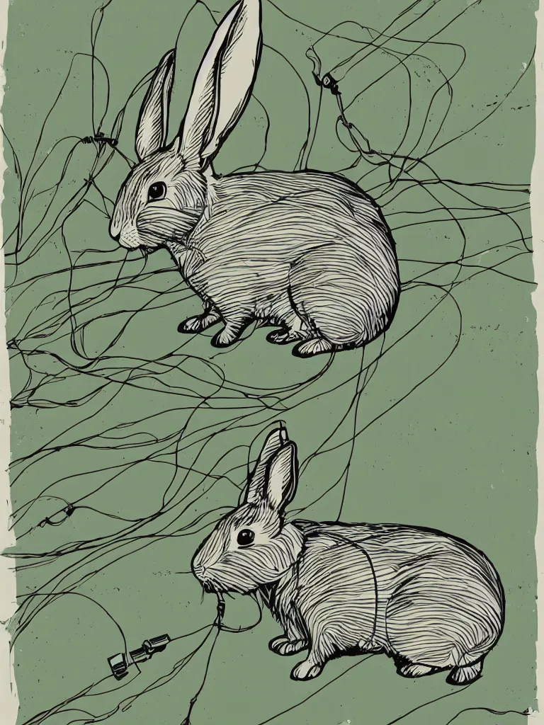 Prompt: screen print of a rabbit using laptop in nature, with wires