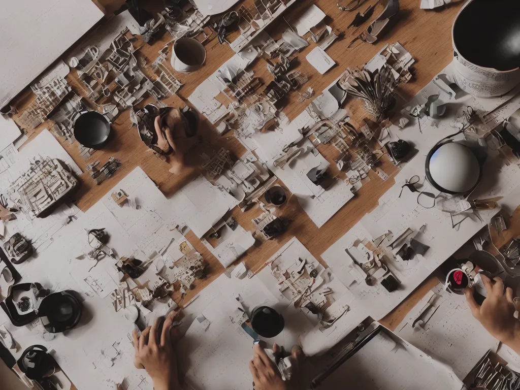 Image similar to pov candid photo of my hands at my desk, rows upon rows of perfectly organized knolled objects during sunrise in a cozy open - air design studio by james turrell, scale model floating in midair in front of me, brilliant daylight vr os ux, leica 8 k still from an a 2 4 film