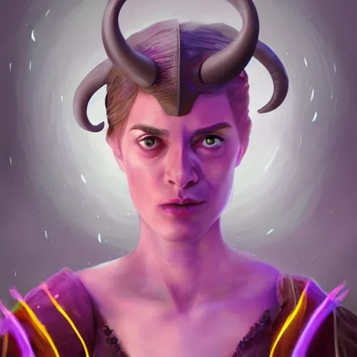 Image similar to A professional digital portrait painting of a young adult female tiefling sorcerer with skin made of fire, dressed in light armor, 4k, digital art, trending on cgsociety, renaissance painting, highly detailed, head and shoulders shot, shallow depth of field, purple and yellow lighting, professional lighting, The Grand Budapest Hotel, airbrush, Hayao Miyazaki