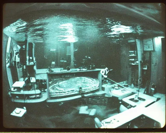 Prompt: wide angle, under water deep sea laboratory, at night, lo fi, polaroid 6 0 0, 1 9 7 5 lightning, vintage science fiction, aquatic plants, colorful swirls of paint, movie set, film noir