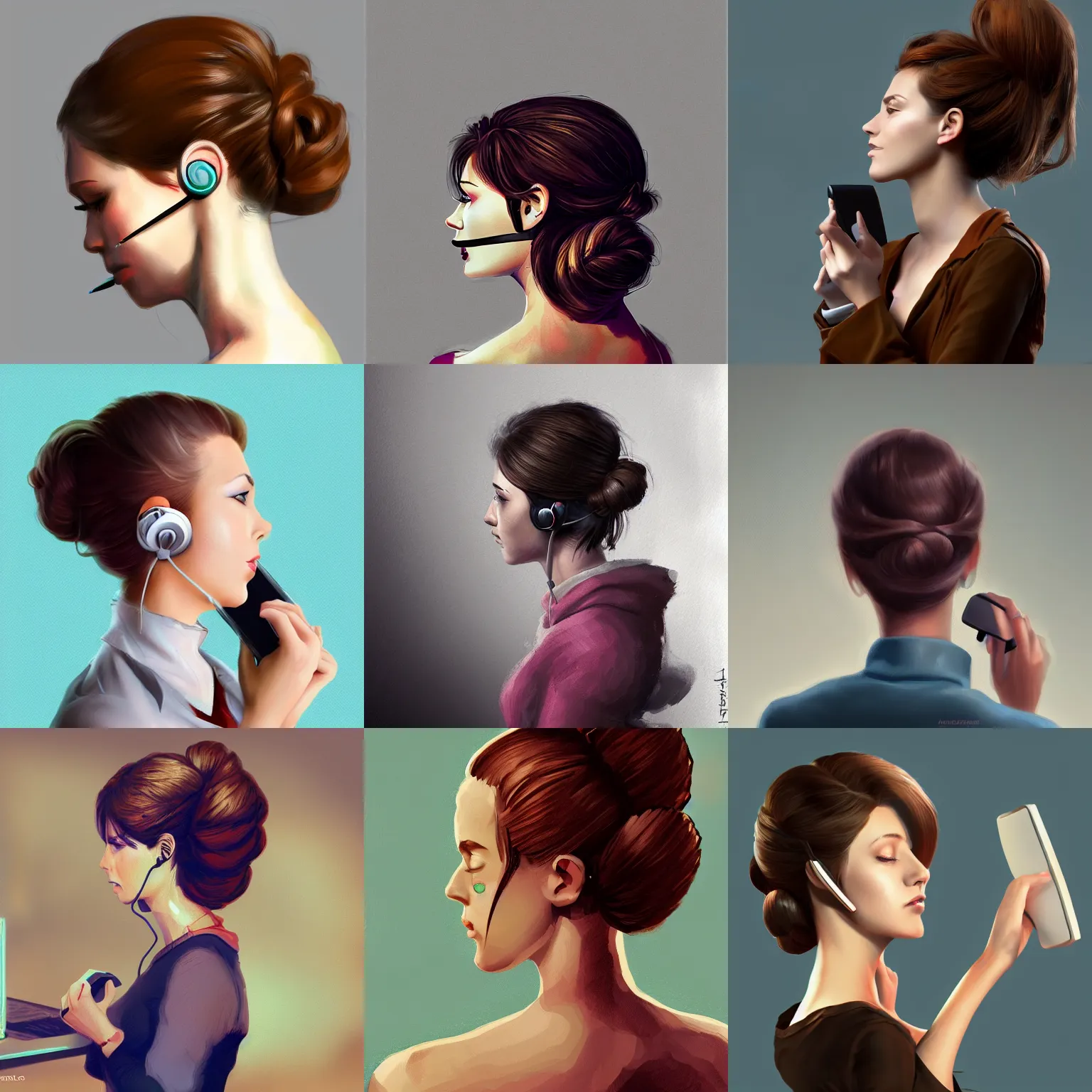 Prompt: updo girl on the phone to the computer, artstation