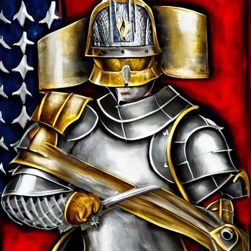 Image similar to donald trump, knights armor, one broadsword, by hans holdein, donald trumps highly detailed handsome face, two arms, two legs, knights armor